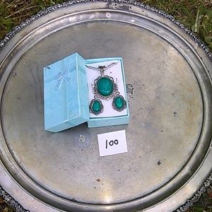 green and silver neaklace and earring set